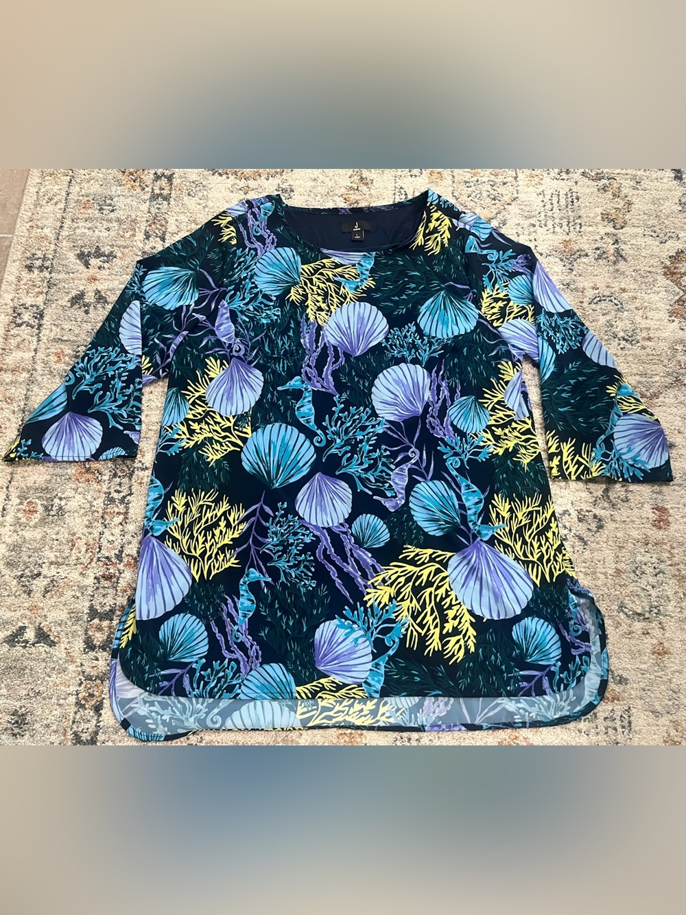 Jason Wu Navy Tunic with Aqua, Lavender & Yellow Coral Print